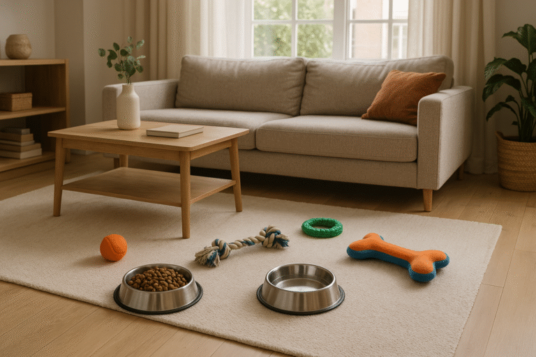 Zona segura con juguetes para aprender a cómo enseñar a tu perro a quedarse solo