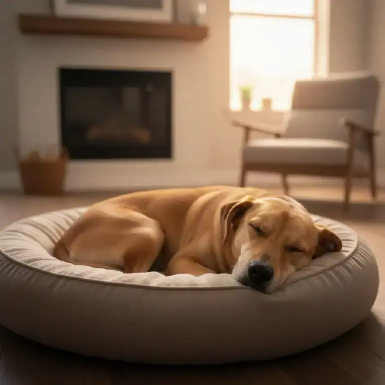 Perro tranquilo y relajado descansando en su cama dentro de casa.